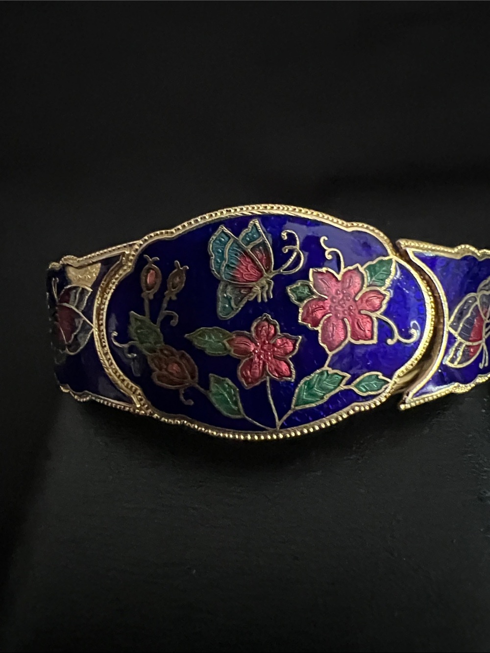 Gold-Tone Enamel Floral Hinged Bangle Bracelet - Blue & Pink VTG